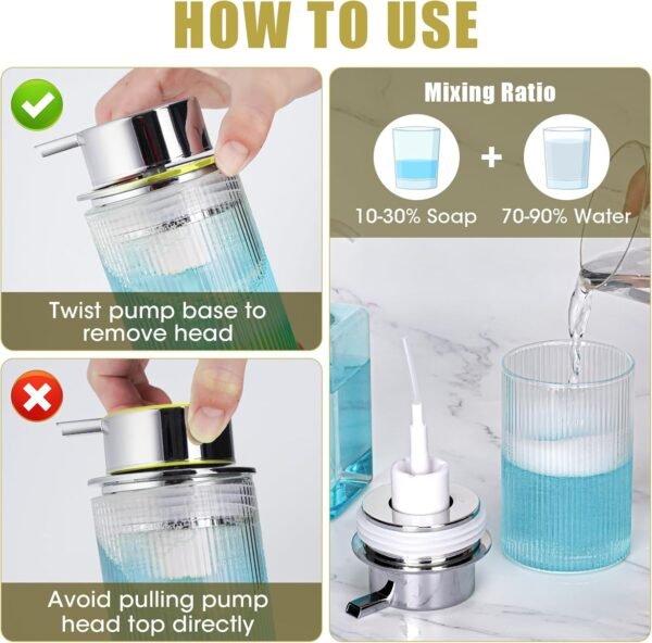 NiHome 14oz Ribbed Glass Foaming Hand Soap Dispenser, High-Capacity Easy to Refill for Home & Commercial Use, Clear Foaming Soap Dispenser for Bathroom, Kitchen with Large Foam Pump & Non-Slip Mat - Image 4