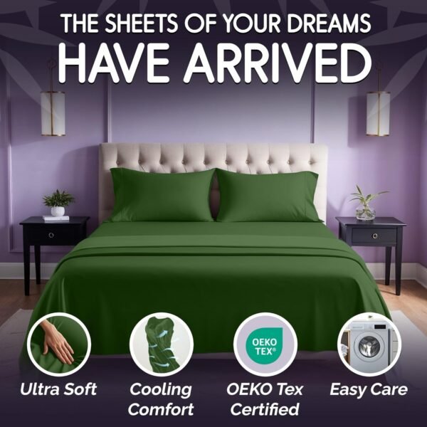 SLEEP SANCTUARY 100% Organic Viscose Derived from Bamboo Sheets Queen Size 4pcs - Ultra Soft & Luxuriously Cooling, 17" Deep Pocket, Perfect for Hot Sleepers - Queen Bed Sheets (Olive) - Image 2