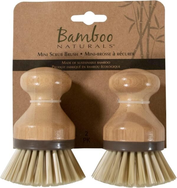 Bamboo Naturals Mini Scrub Brush, Made of Sustainable Bamboo and Recycled Plastic, Scrub Pots, Pans, Vegetables, and More, Pack of 2