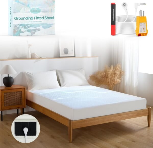 Grounding Sheets 5% Pure Silver Fiber 95% Organic Cotton Superior Earthing Fitted Sheet 400 Threads Earth Connected Bed Sheet with Pen Socket Tester and Long Grounding Cord (Queen 60"x80"x15" White)