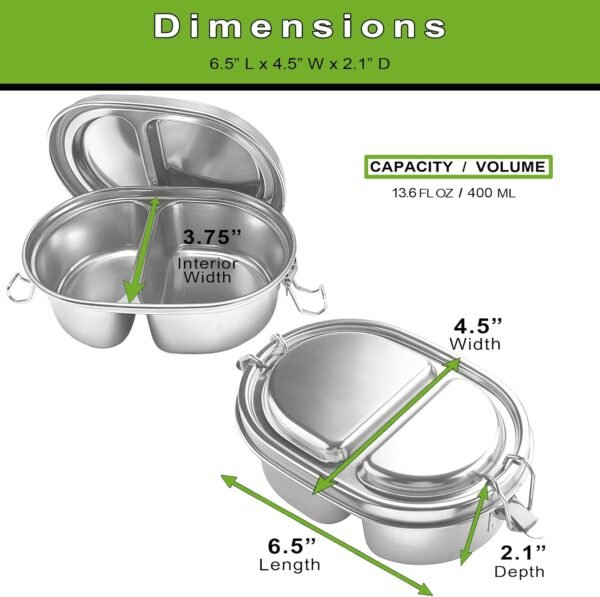 304 Stainless Steel Lunch Box, 14oz Leakproof 2 Compartment Bento Box, School Lunch or Snack Container - Image 2