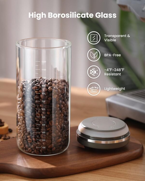 One-Press Button Coffee Canister with Airtight Lid, Borosilicate Glass Coffee Container with PP Silicone Lid, Food Storage Container for Grounds Coffee, 1lb Beans, Flour, Cereal, Sugar - Image 3