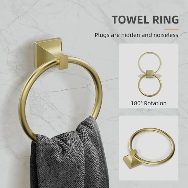 4 Piece Bathroom Hardware Set, 18 Inch Brushed Gold Towel Bar Set, Bathroom Towel Holder Set Includes Square Towel Bar, Towel Ring, Robe Hook, Toilet Paper Holder - Image 3