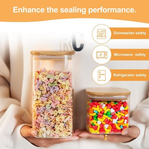 Glass Storage Jars 6 Pack -50oz (10cmx20cm)Clear Glass Food Storage Containers with Airtight Bamboo Lid Stackable Kitchen Canisters for Candy,Cookie,Rice,Sugar,Flour,Pasta,Nuts and Spice Jars(Square) - Image 6