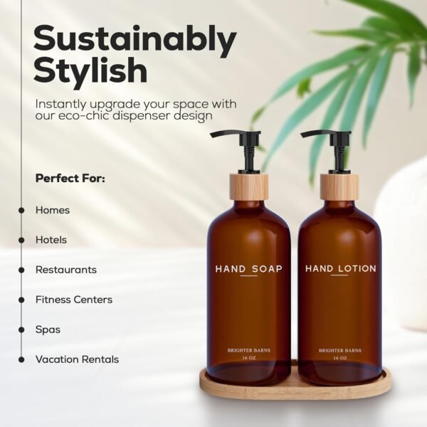 Amber Glass Soap and Lotion Dispenser Set with Tray by Brighter Barns - Hand Soap Dispenser Bathroom Set - Liquid Hand Soap Dispenser and Pump - Bamboo Home Accessories & Modern Bathroom Decor - Image 2