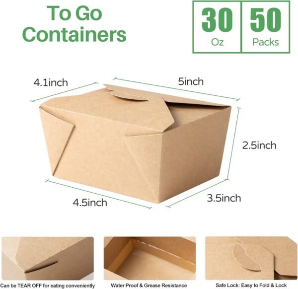 To Go Containers Restaurant & Catering Supplies Takeout Food Containers 30oz Kraft Paper Lunch Boxes, Leak and Grease Resistant Disposable Paper Storage Box (50Pack, Brown) - Image 2