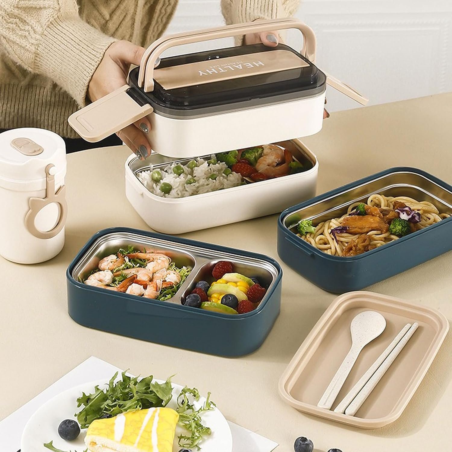 Stainless steel bento box Adult lunch box, ideal food storage container, 2 compartments, wheat cutlery Fork Spoon, suitable for work, travel (apricot) - Image 2