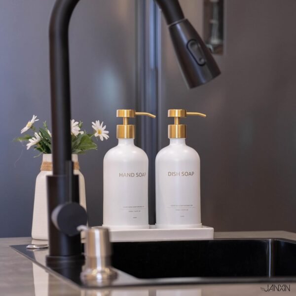 Glass Kitchen Soap Dispenser Set with Ceramic Tray,16.9 floz Hand and Dish Soap Dispenser for Kitchen and Bathroom Decor,White and Gold Kitchen Accessories (White Bottles + Gold Pumps) - Image 5