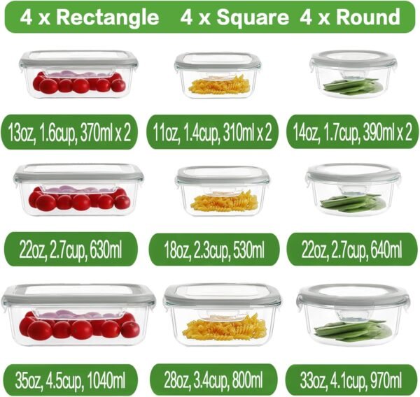 HOMBERKING 24pc Glass Food Storage Containers with Lids, Glass Meal Prep Containers, Airtight Glass Bento Boxes, BPA Free & Leak Proof, Pantry Kitchen Storage(12 lids & 12 Containers) - Gray - Image 2