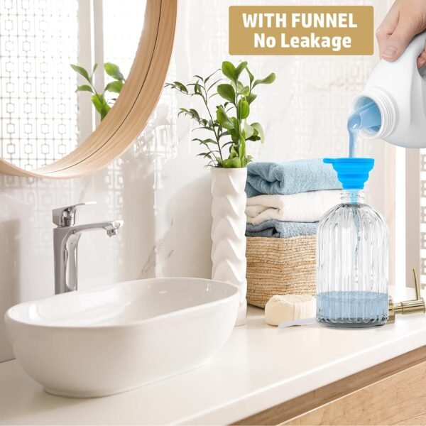 14 Oz Stripe Clear Glass Soap Dispenser with Gold Plastic Pump, Stripe Design Refillable Liquid Hand Lotion Dispenser, Contains Hand Soap and Dish Soap Dispenser, for Kitchen and Bathroom - Image 5