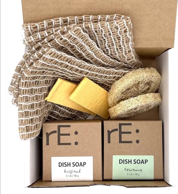 rE: Plastic Free Kitchen Gift Set for dishwashing | Dish Soap Bars (2 pcs), Hemp Scrubbers (3 pcs), Loofah Slices (2 pcs), Pop Up Sponges (2 pcs) (Original & Rosemary)