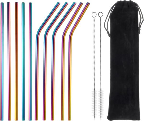 10 PCS Reusable Straws Metal Rainbow Color Metal Drinking Straws Straight & Curved Metallic Reusable Stainless Steel Straws Combinations for Tumblers with 2 PCS Cleaning Brushes for Cocktails Iced Tea