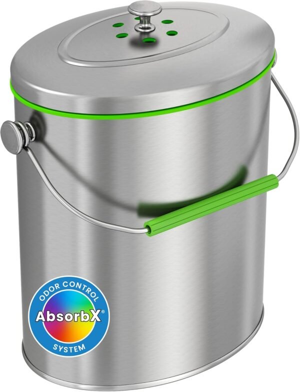 iTouchless Stainless Steel Compost Bin 1.6 Gallon Includes AbsorbX Odor Filter System, Titanium Rust-Free Space-efficient Slim Oval Shape 6 Liter Kitchen Countertop Trash Can