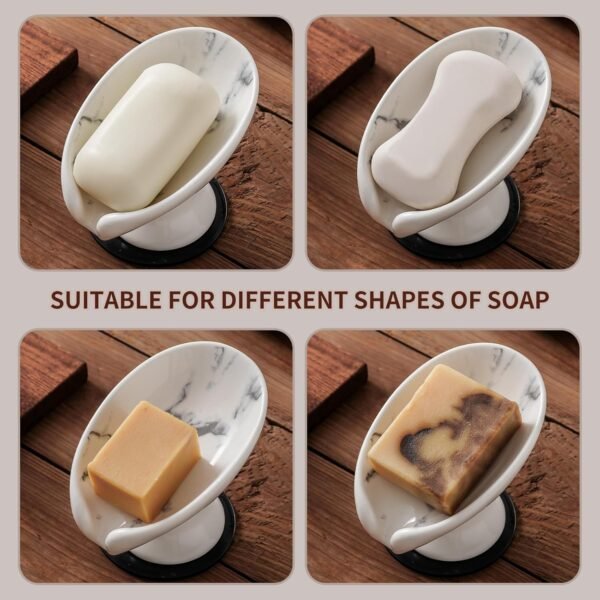 Soap Dish, Marble Soap Holder Self Draining Leaf Shape Soap Dishes,Ceramic soap Holder for Shower，Bathroom Sink, Kitchen (1, Marble) - Image 4