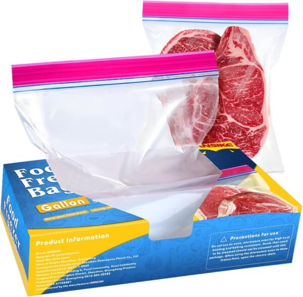 Gallon Size Food Freezer Bags 100 Count, Double Zipper Seal Storage, Reusable Storage Bags for Food Storage, Meat, Vegetables, Fruit - Microwave-Safe(10.43 x 9.84 in)