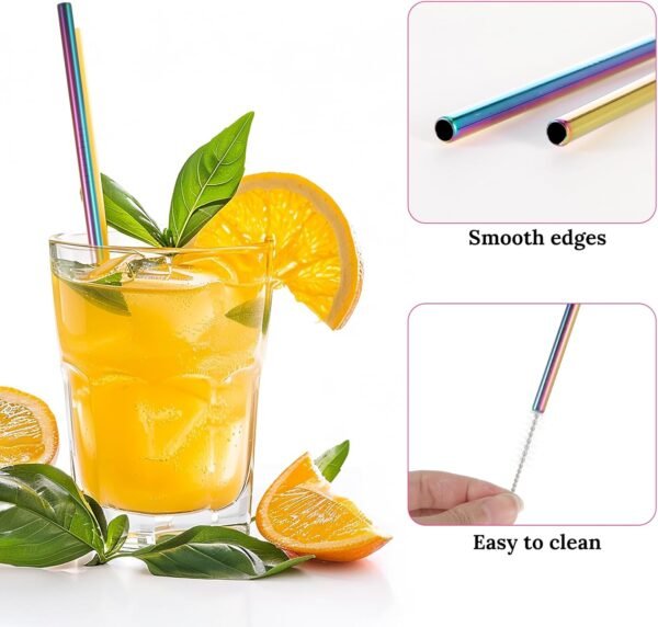 10 PCS Reusable Straws Metal Rainbow Color Metal Drinking Straws Straight & Curved Metallic Reusable Stainless Steel Straws Combinations for Tumblers with 2 PCS Cleaning Brushes for Cocktails Iced Tea - Image 6