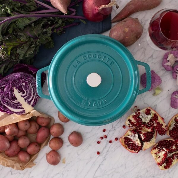 Staub Cast Iron 4-qt Round Cocotte - Turquoise, Made in France - Image 5
