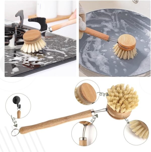 Haploon 7 Piece Wooden Dish Brush Natural,Bamboo Brush Kitchen Set Dish Cleaning Brush Pot Brush & Bottle Cleaner Beech Wood & Natural Bristles Bamboo Scrub Brush for Dishes Plastic Free - Image 4