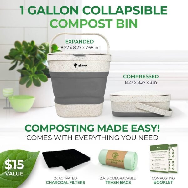 Collapsible Compost Bin Kitchen Counter Caddy - 1 Gallon Countertop Compost Bin with Lid Made of Wheat Straw - Odorless Kitchen Compost Bin Countertop with 20 Compost Bags and 2 Carbon Filters - Image 2