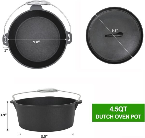 8 Piece Pre-Seasoned Dutch Oven Cooking Set Cast Iron Camping Kitchen Cookware Bakeware Skillets & Square Grill Pan w/Vintage Carrying Wood Box for Ourdoor Home BBQ Baking - Image 2