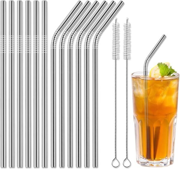 PECULA Metal Straws Reusable 24 Pack, 12 Straight and 12 Bent Stainless Steel Straws Dishwasher Safe, Reusable Straws for 30 oz & 20 oz Tumblers Cups Mugs Cold Beverage, 3 Cleaning Brushes Included