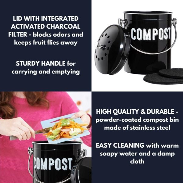 Granrosi Countertop Compost Bin Kitchen - 1.3 Gal Indoor Compost Bucket with Lid for Kitchen; Farmhouse Rust Proof & Odorless Kitchen Compost Bin for Countertop; 3 Charcoal Filters; Small Compost Bin - Image 3