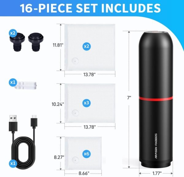 AIRMSEN Handheld Vacuum Sealer for Food Preservation & Storage, Portable Mini Vacuum Sealer with 11 PCS Reusable Sous Vide Bags and 2 PCS Vacuum Wine Sealer - Image 6