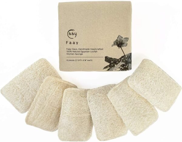 FAAY Eco Friendly Sponges for Dishes, Multi-Purpose Non-Scratch Loofah Scrubber for Cookware, Kitchen, Bathtub and Body, Handmade Unbleached Luffa Fiber, Natural, Biodegradable, Compostable & No Smell