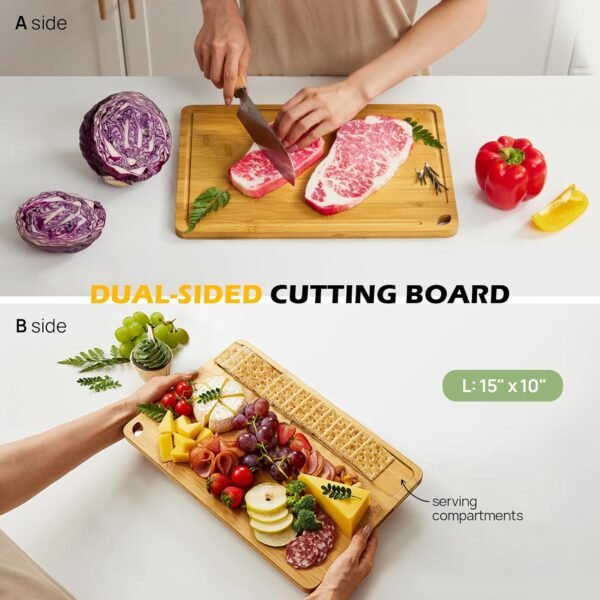 Large Bamboo Cutting Board for Kitchen - 15 Inch Wood L Cutting Boards with Juice Groove and Handles, Wooden Chopping Board for Meat, Cheese, Fruit & Vegetables (Pre Oiled, Natural) - Image 4