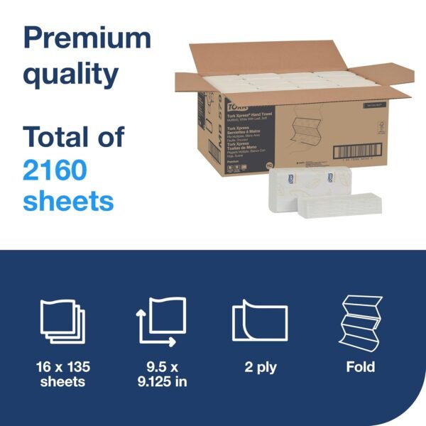 Tork Premium MB579 Soft Xpress Multifold Paper Hand Towel, 3-Panel, 2-Ply, 9.125" Width x 9.5" Length, White (Case of 16 Packs, 135 per Pack, 2.160 Towels) - Image 2