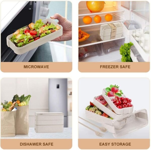 Bento Box for Adults, 3-In-1 Meal Prep Container, 900ML Japanese Lunch Box with Compartment, Wheat Straw, Leak-proof, Spoon & Fork, BPA-free (Beige) - Image 6