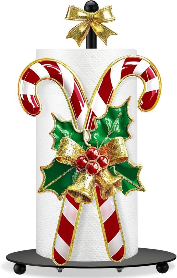 Shellwei Candy Cane Christmas Paper Towel Holder with Round Base Christmas Bathroom Decor Rustic Paper Towel Dispenser Kitchen Paper Holder Stand for Countertop Toilet Home Accessories