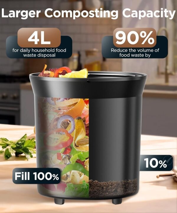 4L Kitchen Compost Bin, Electric Composter for Countertop with Auto Cleaning/Odourless/LED Display, Turns Kitchen Waste into Dry Compost Manure, Intelligent Indoor/Outdoor Composting Machine - Image 3