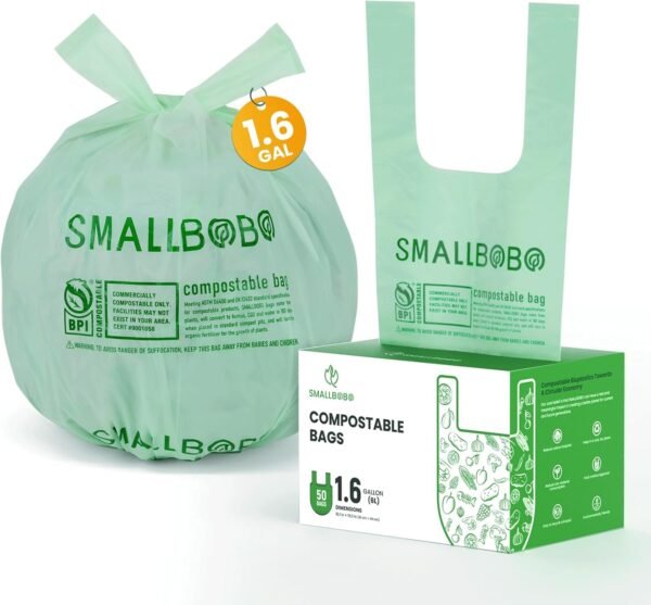 Compostable Bags 1.6 Gallon Handle Tie Food Scrap Bags, 50 Count, 6 Liter, BPI & OK Compost HOME Certified