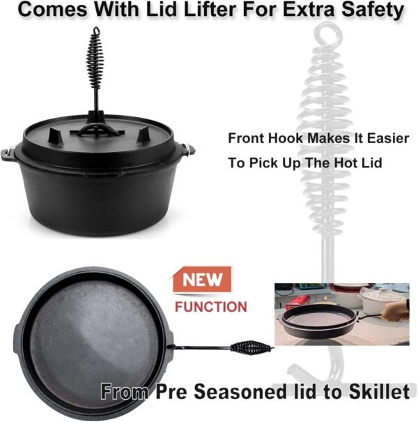 Camping Dutch Oven, 9 Qt Pre-Seasoned Camping Cookware Pot With Lid - Lid Lifter, Cast Iron Deep Pot with Metal Handle for Camping Cooking BBQ Baking Campfire Modern Black - Image 2