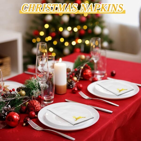 Janlaugh 100 Pcs Christmas Disposable Hand Towels Foil Stamped Paper Guest Towels Napkins Christmas Tree and Elk Linen Hand Towel for Party Lunch Dinner Kitchen Bathroom(Gold,Elk) - Image 5