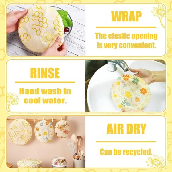 6 Pcs Beeswax Bowl Covers Reusable Cloth Bowl Covers Elastic Fabric Dish Cover Beeswax Food Wraps Cotton Kitchen Storage Containers Lids Kitchen Gifts for Bread Leftover Food Fruits Salad - Image 4