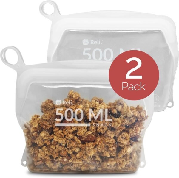 Reli. Reusable Silicone Bags (2 Pack) | Snack (500 ml), Clear | Silicone Bags for Food Storage | Small Reusable Food Storage Bags for Food, Meal Prep, Storage | Leak-Proof, Dishwasher/Freezer Safe