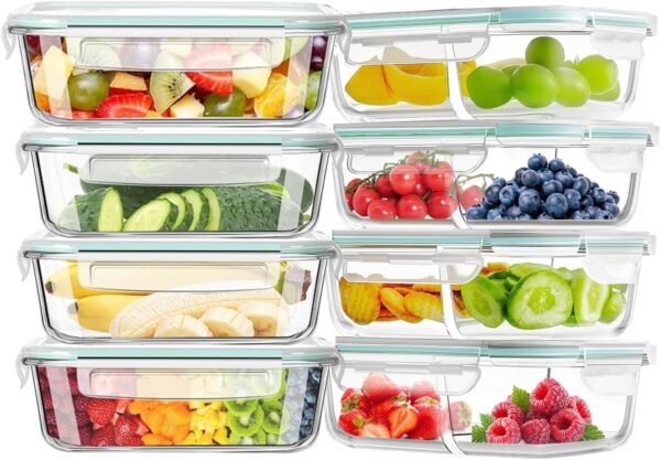 Airtight Glass Food Storage Containers with Lids, Glass Lunch Box, Leak-proof, BPA-Free, Microwave, Oven, Freezer, Dishwasher (8-Pack)