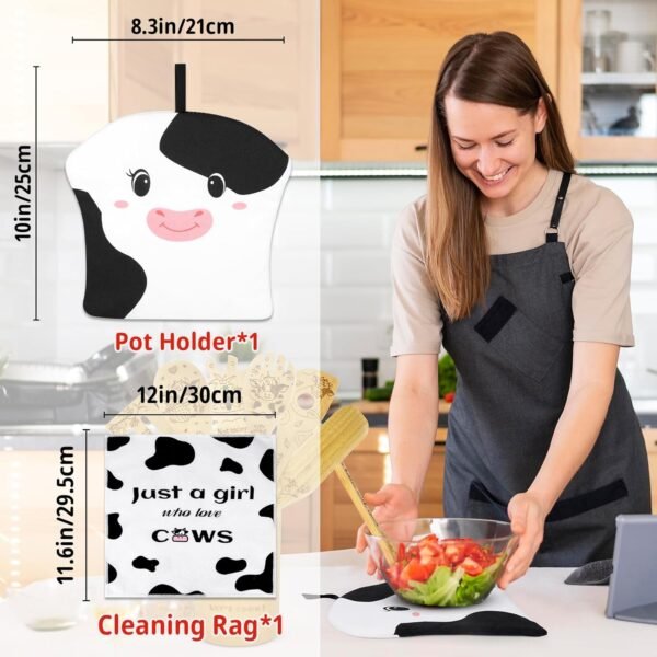 9Pcs Wooden Spoons for Cooking, Mothers Day Gift for Mom Wooden Kitchen Utensil Set with Aprons & Kitchen Towels, Bamboo Cooking Utensils Set Great Christmas Birthday Gift for Women Her (Cow) - Image 3