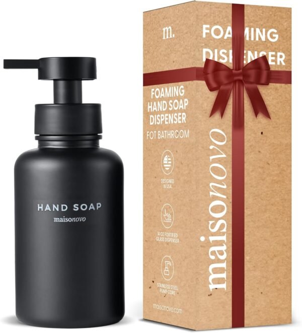 MaisoNovo Glass Foaming Hand Soap Dispenser 14 Oz | Black Foaming Soap Dispenser Black Plastic Pump x 1 w/Labels