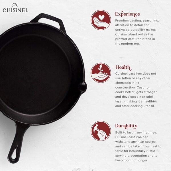 Cast Iron Skillet - 10"-Inch Frying Pan with Pour Spouts + Pan Scraper + Silicone Grip Handle Cover Holder - Pre-Seasoned Oven Cookware - Indoor/Outdoor Use - BBQ, Firepit, Stovetop, Induction Use - Image 2