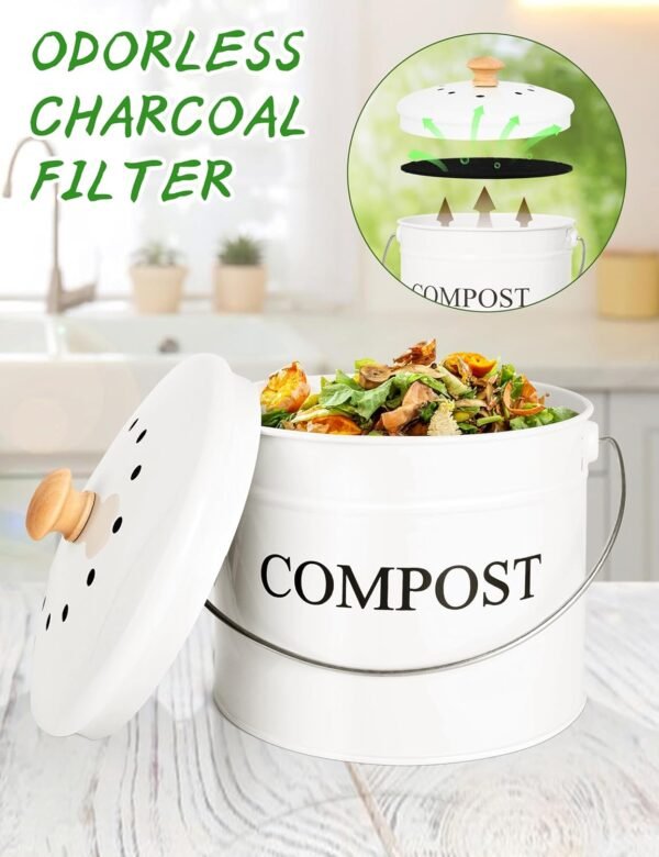 Compost Bin Kitchen - 1 Gallon Kitchen Composter, Countertop Compost Bin with Lid and Charcoal Filters, Rust Proof Indoor Compost Bucket, Food Waste Bin for Kitchen - Image 2