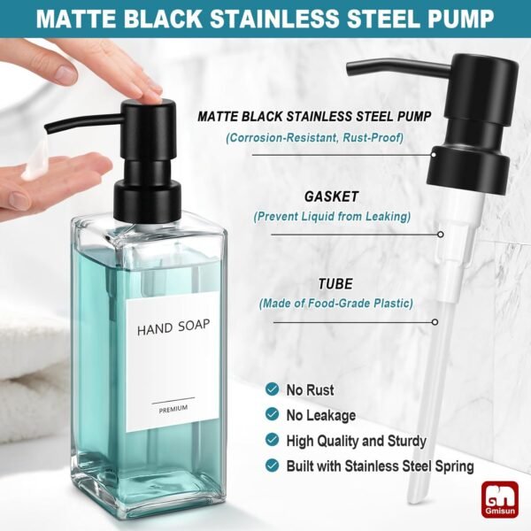 GMISUN Glass Soap Dispenser with Stainless Steel Pump, Clear Hand Soap Dispenser for Bathroom, 12oz Hand and Dish Soap Dispenser Set for Kitchen, Refillable Liquid Soap and Lotion Dispensers Bottle - Image 3
