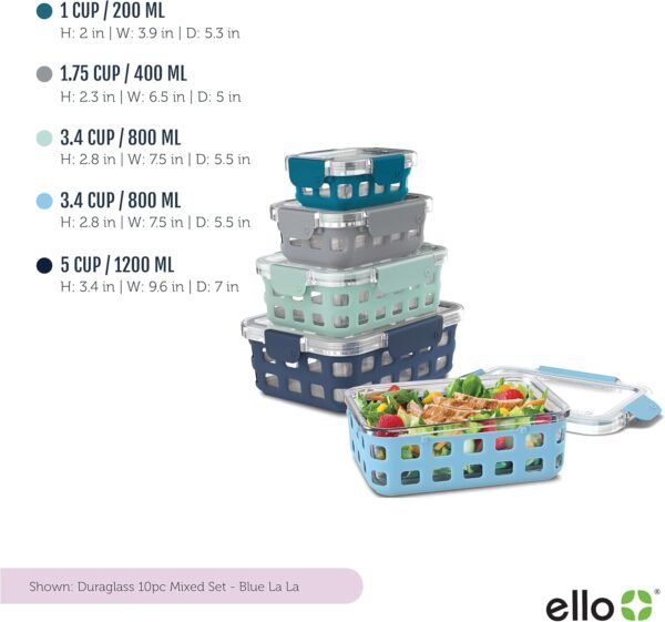 Ello Duraglass Mixed Meal Prep Sets Leak-Proof Glass Food Storage Containers with Silicone Sleeves and Airtight BPA-Free Lids, Dishwasher, Microwave, and Freezer Safe - Image 3