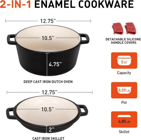 MAISON ARTS 2-in-1 Enamel Cast Iron Dutch Oven with Dual Handles, 5 QT Dutch Oven Pot & 10.5“ Skillet Lid Doubles as Cast Iron Pan, Oven Safe up to 500°F, Cookware for Cooking Baking Stewing - Image 2