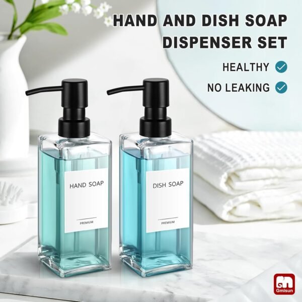 GMISUN Glass Soap Dispenser with Stainless Steel Pump, Clear Hand Soap Dispenser for Bathroom, 12oz Hand and Dish Soap Dispenser Set for Kitchen, Refillable Liquid Soap and Lotion Dispensers Bottle - Image 5