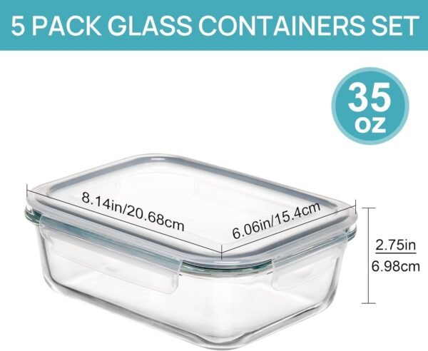 Vtopmart 5 Pack 35oz Glass Food Storage Containers with Lids, Meal Prep Containers, Airtight Reusable Lunch Container Set, Safe for Oven, Microwave, Freezer, and Dishwasher - Image 7