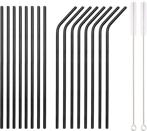 18 Piece Black Stainless Steel Straws, 8.5 '' Reusable Drinking Straws,with Portable pouch (8 Straight/8 Bent/2 Brushes)