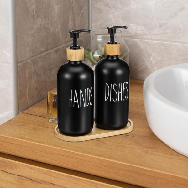 Black Soap Dispenser Set, Contains Dish Soap Dispenser and Hand Soap Dispenser. Glass Soap Dispenser with Stainless Steel Pump, Perfect for Kitchen Decor and Accessories - Black - Image 6